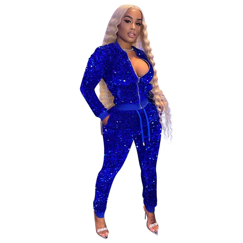 Velvet Sequin Patchwork Women Casual Two Piece Set 2023 Autumn Winter Warm Zipper Coat and Sweatpants Tracksuit Streetwear