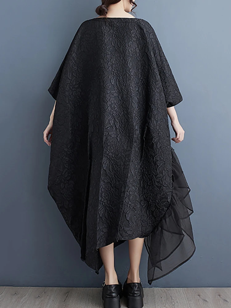 Female Evening Dress Gauze Patchwork Batwing Sleeve Dresses Asymmetrical Solid Color Loose Dress Spring