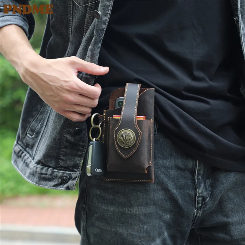 

PNDME vintage crazy horse cowhide men's small waist pack luxury natural genuine leather outdoor daily belt bag phone key case