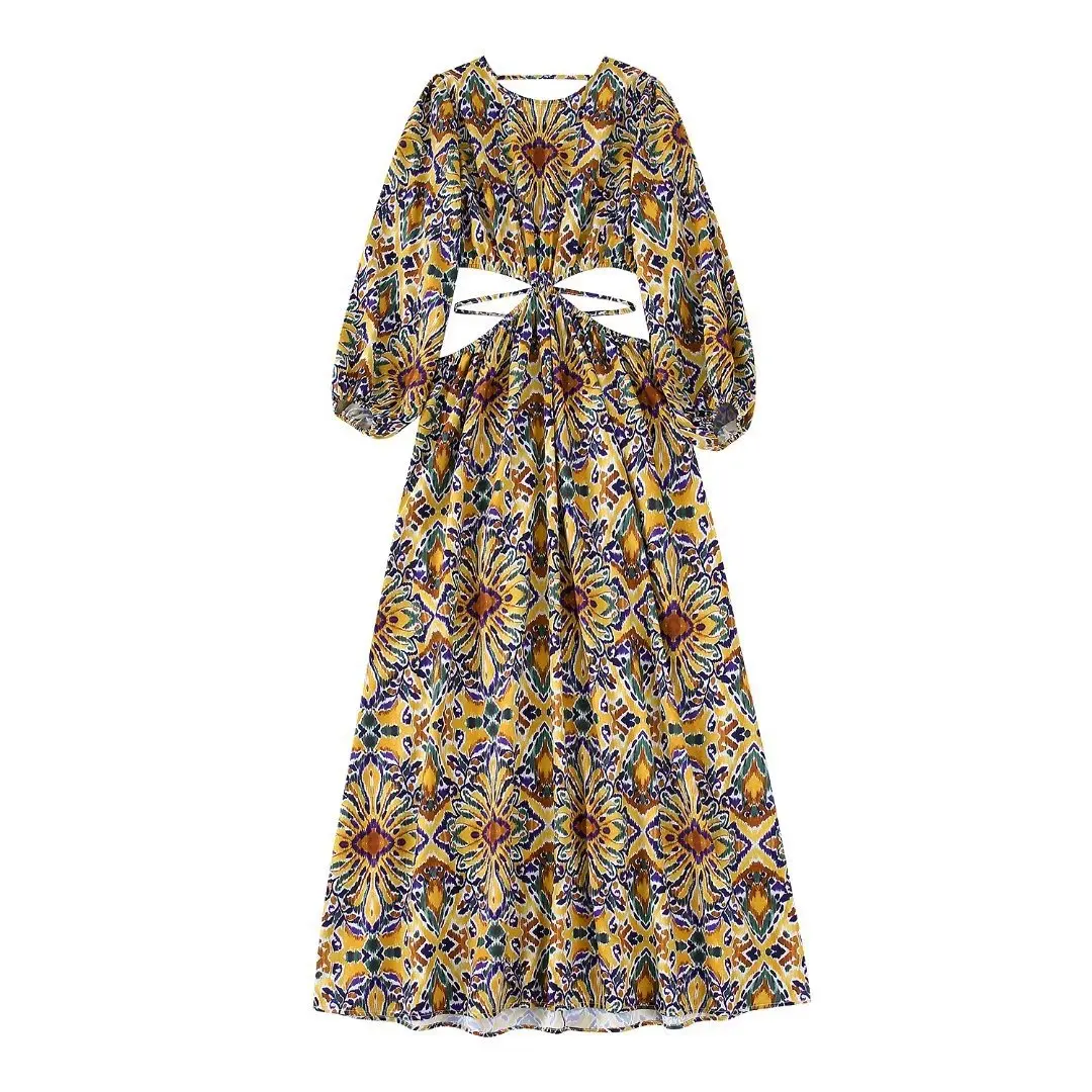 

AYUALIN Beach Wear Long Sleeve Vestidos Sexy Backless Floral Print Dress for Women O-neck Hollow Out Waist Summer Dresses 2022