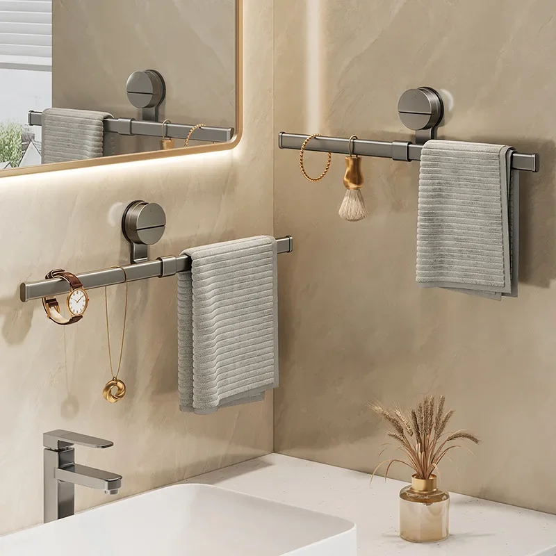 Suction Cup Towel Rack Wall-Mounted No Drill Bathroom Organizer Minimalist Gunmetal Single Bar Towel Holder
