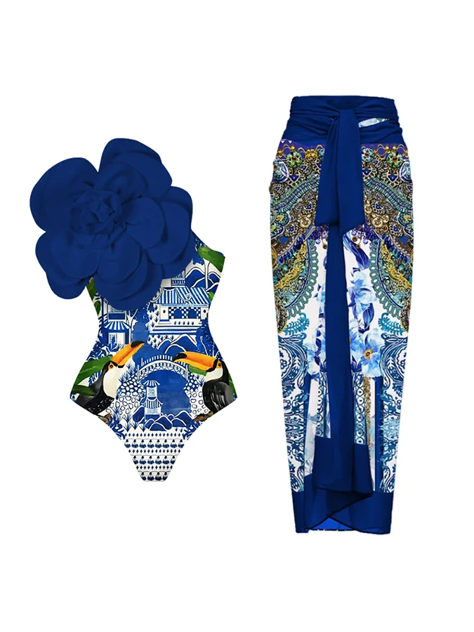 

Fashion 3D Floral Print Design Bandeau One-Piece Swimsuit with Cover-Up Women Bikini Luxury Swimwear Bathing Suit Beachwear 2024