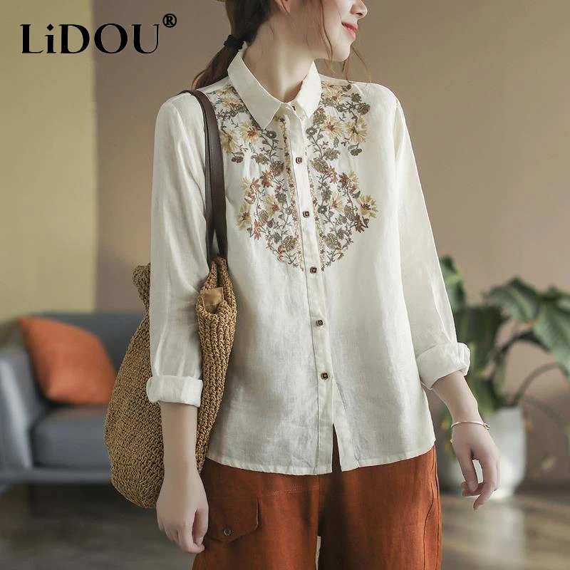 

2023 Spring Autumn New POLO Collar Long Sleeve Vintage Solid Color Shirt Women Cotton Hemp Button Embroidered All-match Cardigan
