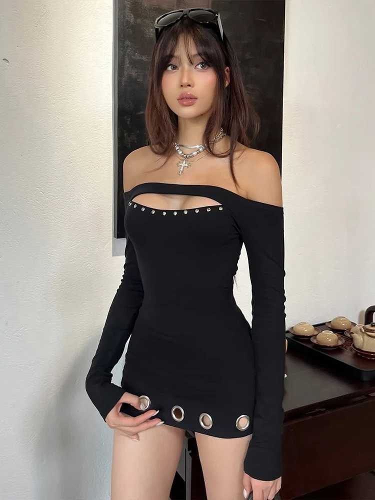 Nibber Metal Ring Hollow Dress Women Slash Neck Full Sleeve Slim Stretch Sexy Party Music Festival Skinny Midnight Mini Bodycon