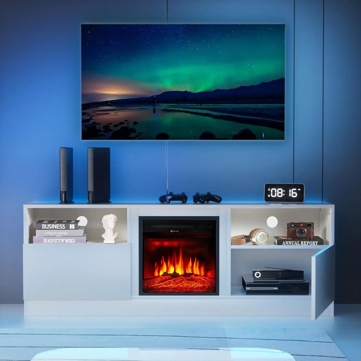 

65'' TV Stand for 75'' TV with 18'' Electric Fireplace, Wood Texture Storage Cabinet, Media Entertainment Center, White