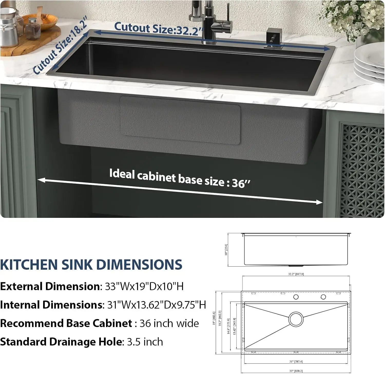 Lordear 33 Inch Black Drop In Kitchen Sink - 33X19 Inch Drop In Top Mount Sink 16 Gauge Stainless Steel Single Bowl Ledge 6