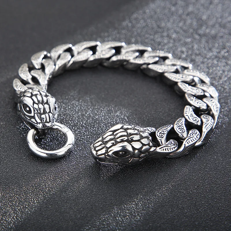 

Retro Cuban chain bracelet punk style casting personality titanium steel men's double snake head bracelet