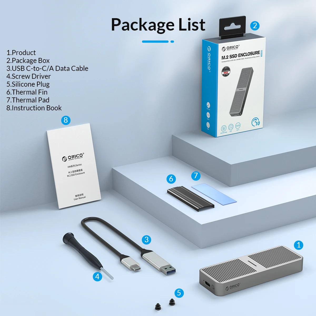 ORICO M.2 NVMe SSD Case 20Gbps Aluminum M.2 NVMe SSD Hard Drive Enclosure  USB 3.2 GEN 2 For M.2 SSD Up to 2TB With A to C and C to C Cables 