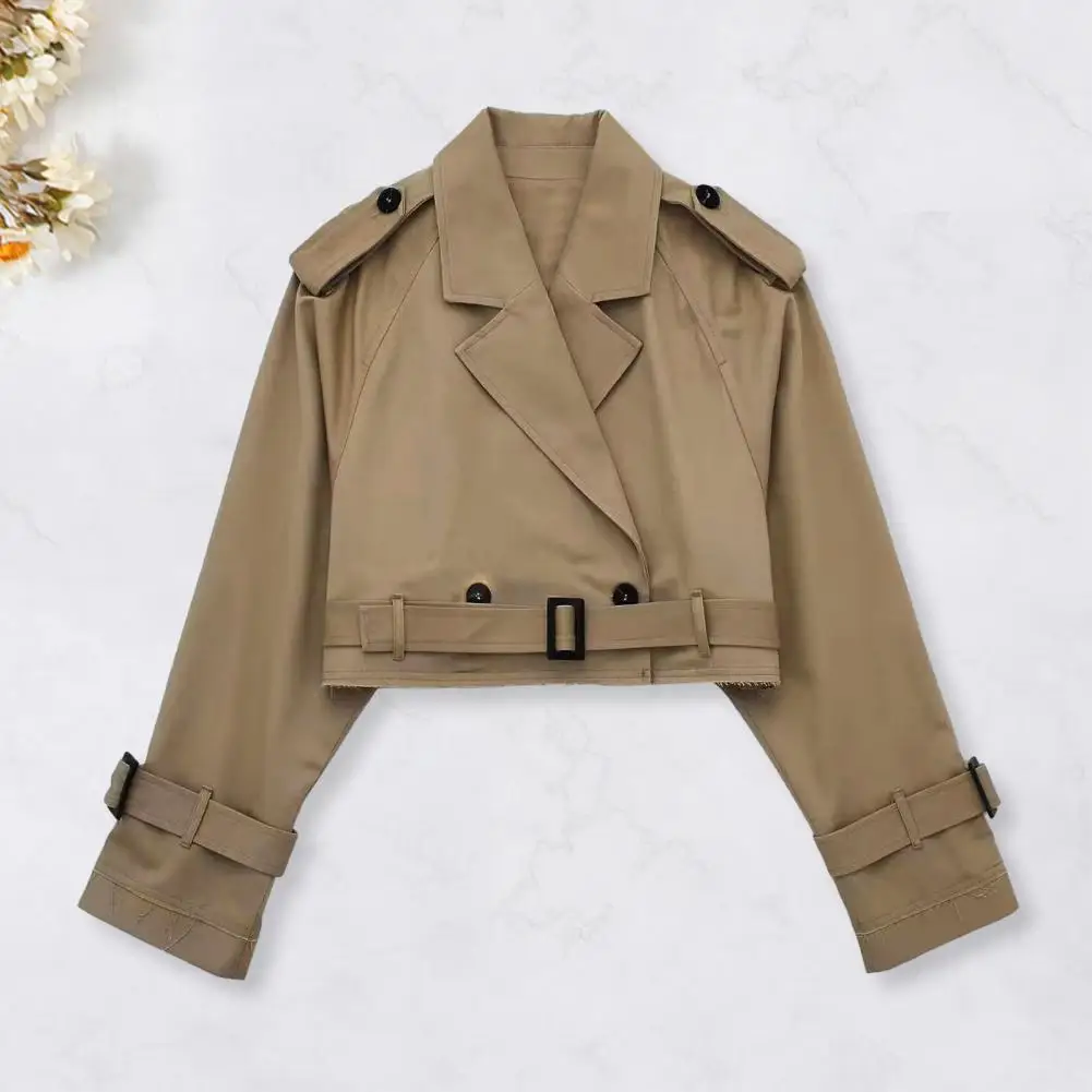 

Women Spring Autumn Cropped Coat Lapel Long Sleeve Double Breasted Windbreaker Jacket Solid Color Casual Outwear Streetwear