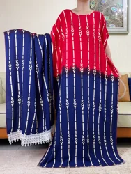 New African Women Short Sleeve Floral Printed Cotton Loose Femme Robe Islam Tradition Woman Dresses Paired with Large Scarf