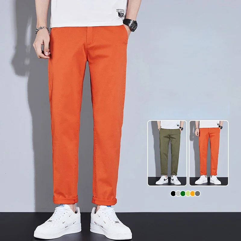 

Casual Men Loose Straight Business Pants Orange Green Khaki Elastic Waist Trousers Soft Cotton Lyocell Fabric Korean Cargo Pants