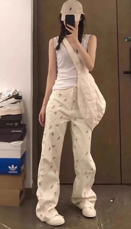 Korean retro high street cartoon bear jeans for women loose pure high-waisted cute comfortable wide-legged straight long pants