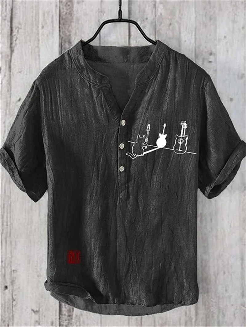 Casual short sleeved Hawaiian linen shirt with cat print Spring and summer
