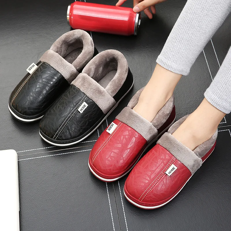 Big Size 50 51 Men Slippers Winter Warm PU Leather Waterproof Indoor Home Slipper Furry Shoes Couples Flats Bedroom Plush Slides big size 50 51 men slippers winter pu leather warm indoor waterproof home furry flats couples slides bedroom non slip shoes