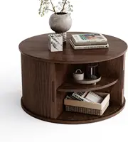 31.5" Drum Coffee Table with Sliding Tambour Door, Fluted Accent Center Table with Storage, Mid Century Modern Coffee Table 1