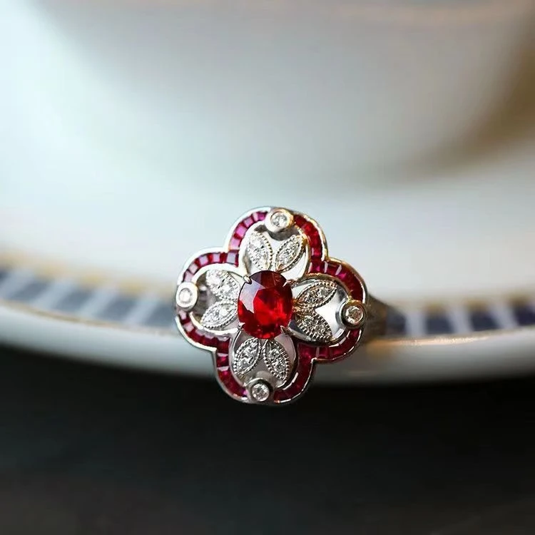 

9k Real Gold Vintage Mozambique Pigeon Blood Ruby Ring Four Leaf Clover Finger Band Wedding Cocktail Party Ring For Women Gifts