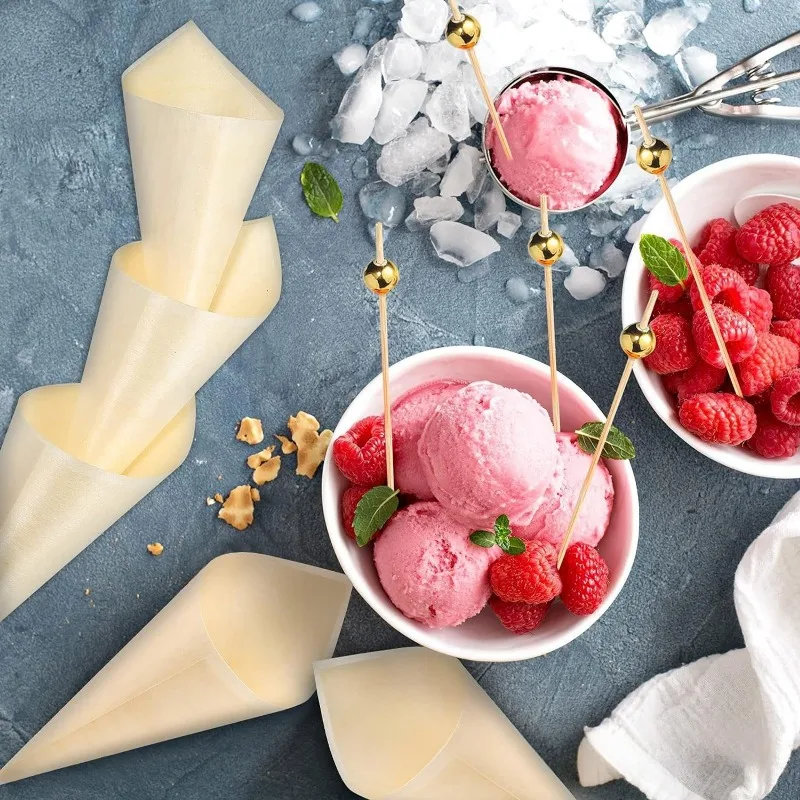 50/100pcs Disposable Wood Appetizer Cones with Fruit Skewer Biodegradable Cone Veneer Roll Ice Cream Cone Packaging Container
