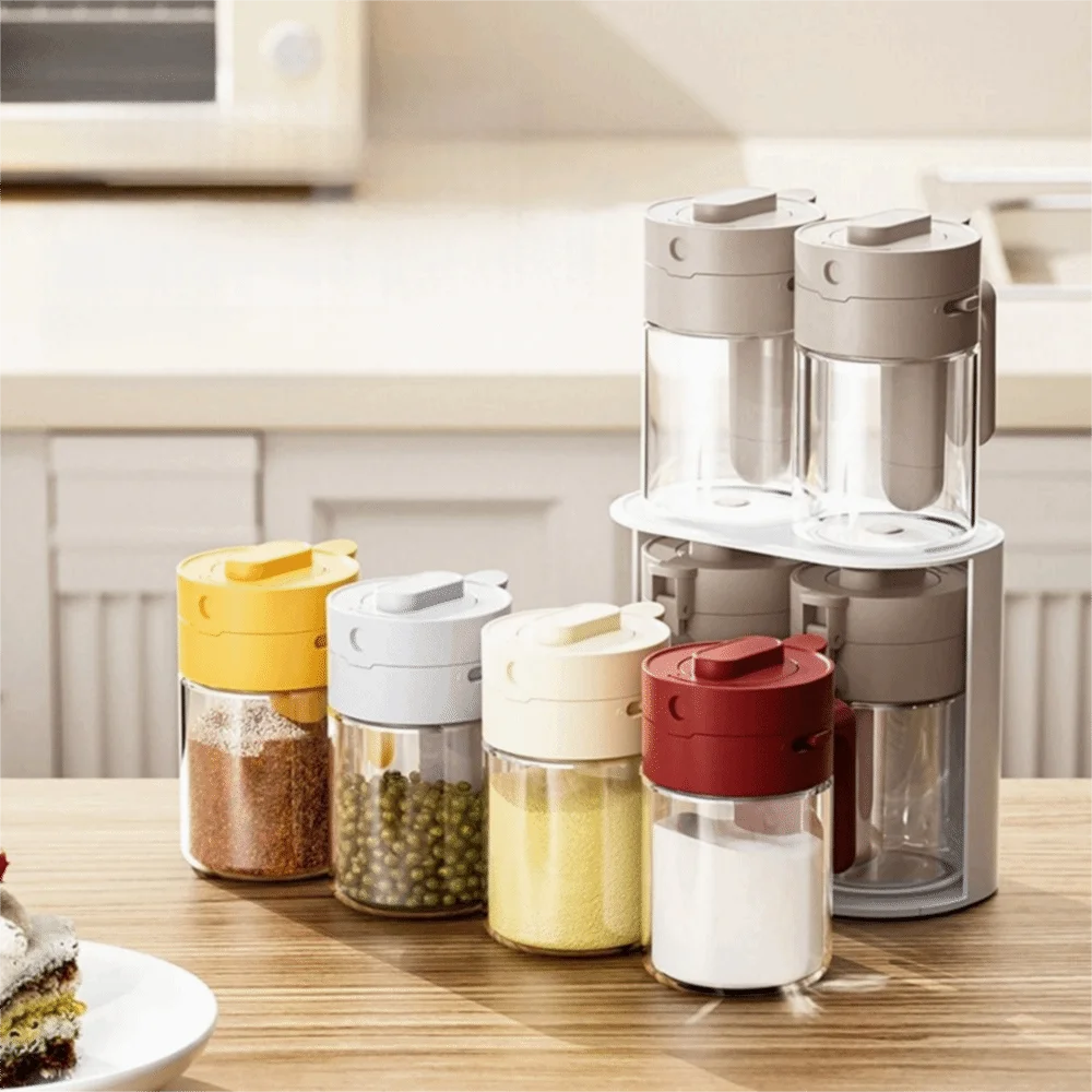 Sealed 2 In 1 Salt Container Moisture-proof Locking Design Spice Sorting Bottle Dustproof Spoon Separated Glass Seasoning Box
