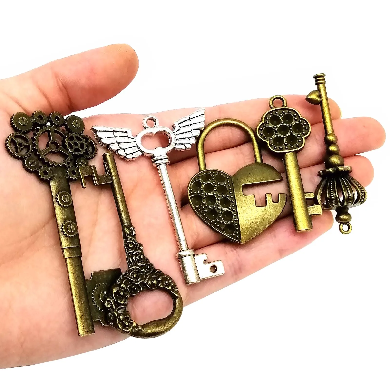 10pcs Old Looking Decorative Key for Steampunk Charms Pendant Jewelry  Making DIY Metal Retro Red Antique Brass Vintage Silver