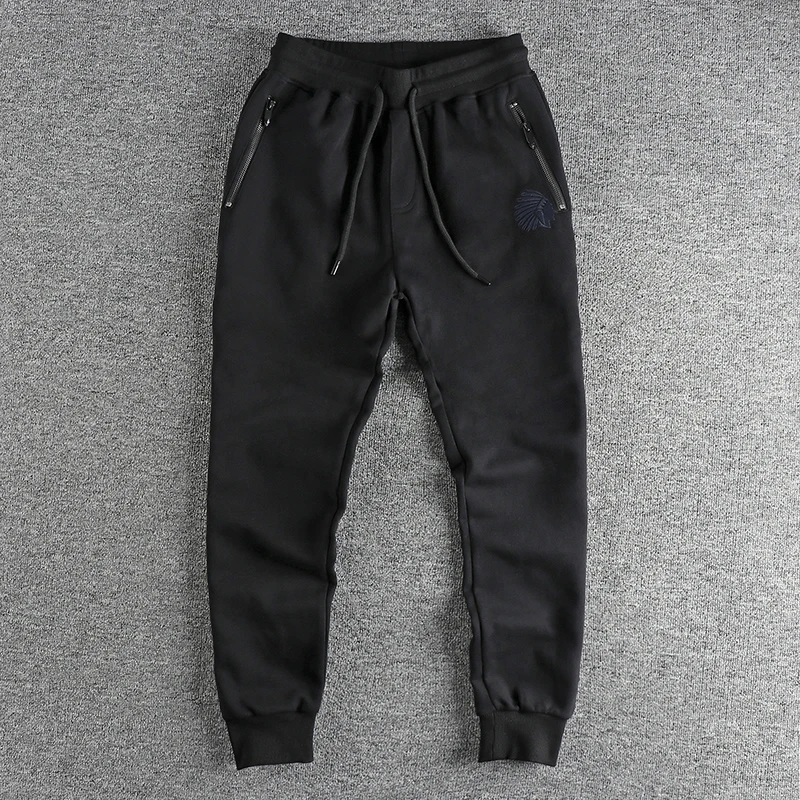 Autumn American Retro Terry Knitted Embroidery Men Sweatpants Simple Elastic Waist Drawstring Sport Casual Youth Slim Pants