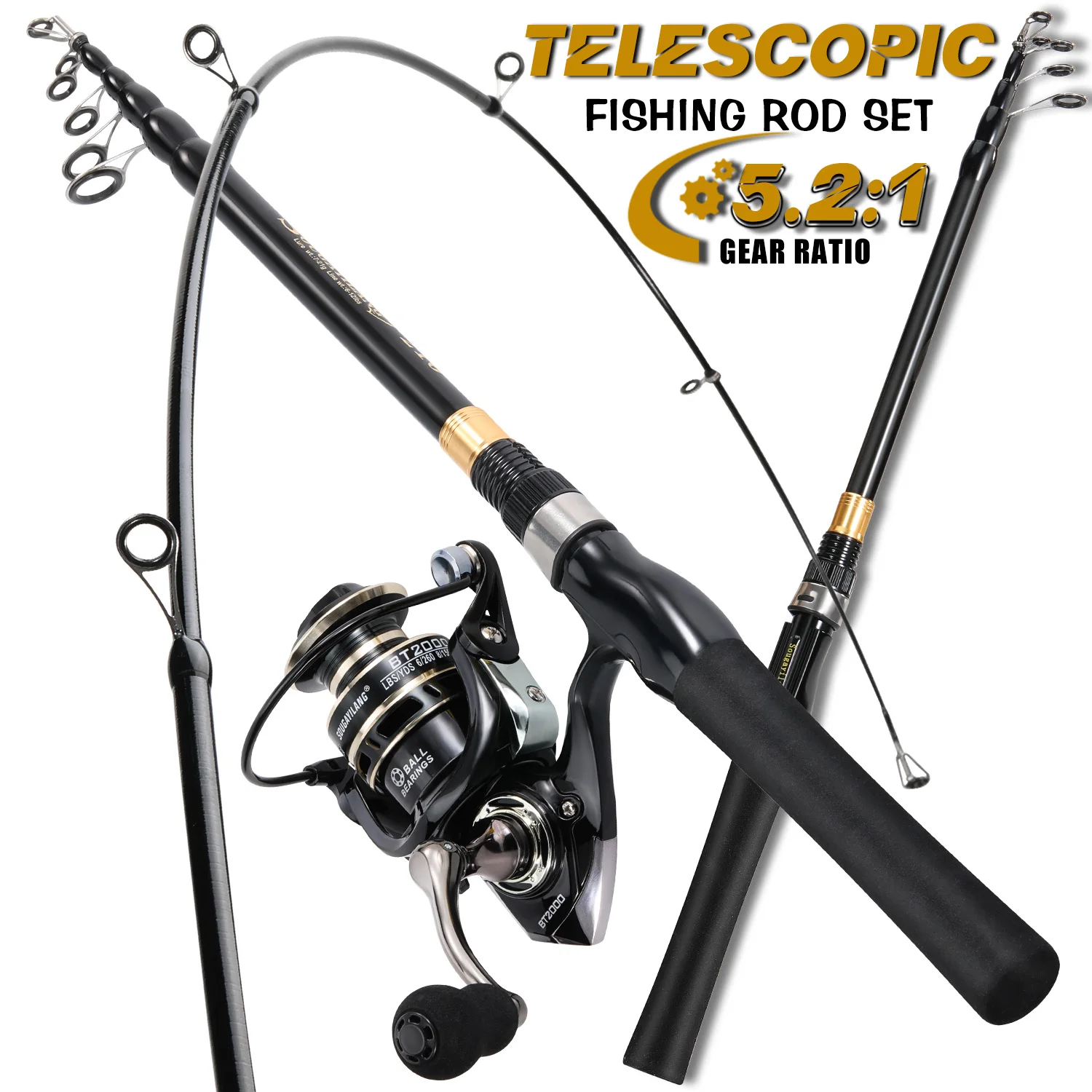 Sougayilang قصبة صيد خشبية مجموعة كاملة مع 1.8 متر 2.1 متر 2.4 متر تلسكوبي ألياف الكربون الصيد رود و 5.2:1 الغزل بكرة السفر مجموعة