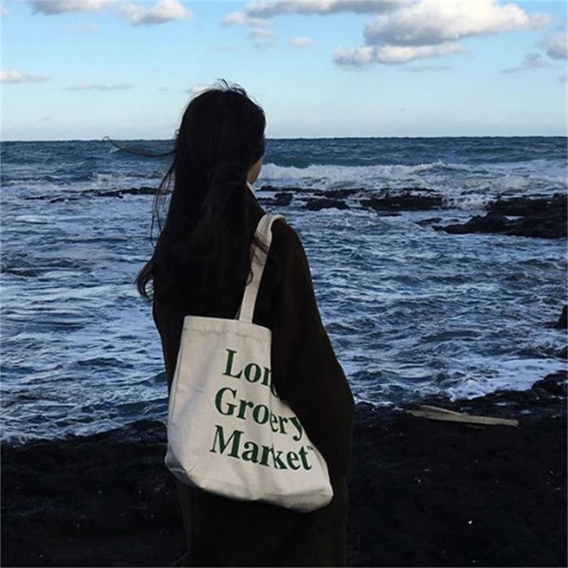 Women Canvas Shopping Bag Casual Large Capacity Letters Print Shoulder Tote Reusable Grocery Shopper