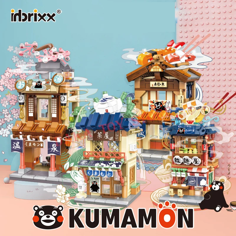 Panlos Kumamon Bear Creativity Stree View Sakura Flowers House Building Blocks Coffee Shop Country Bricks Toys Regali Per Bambini