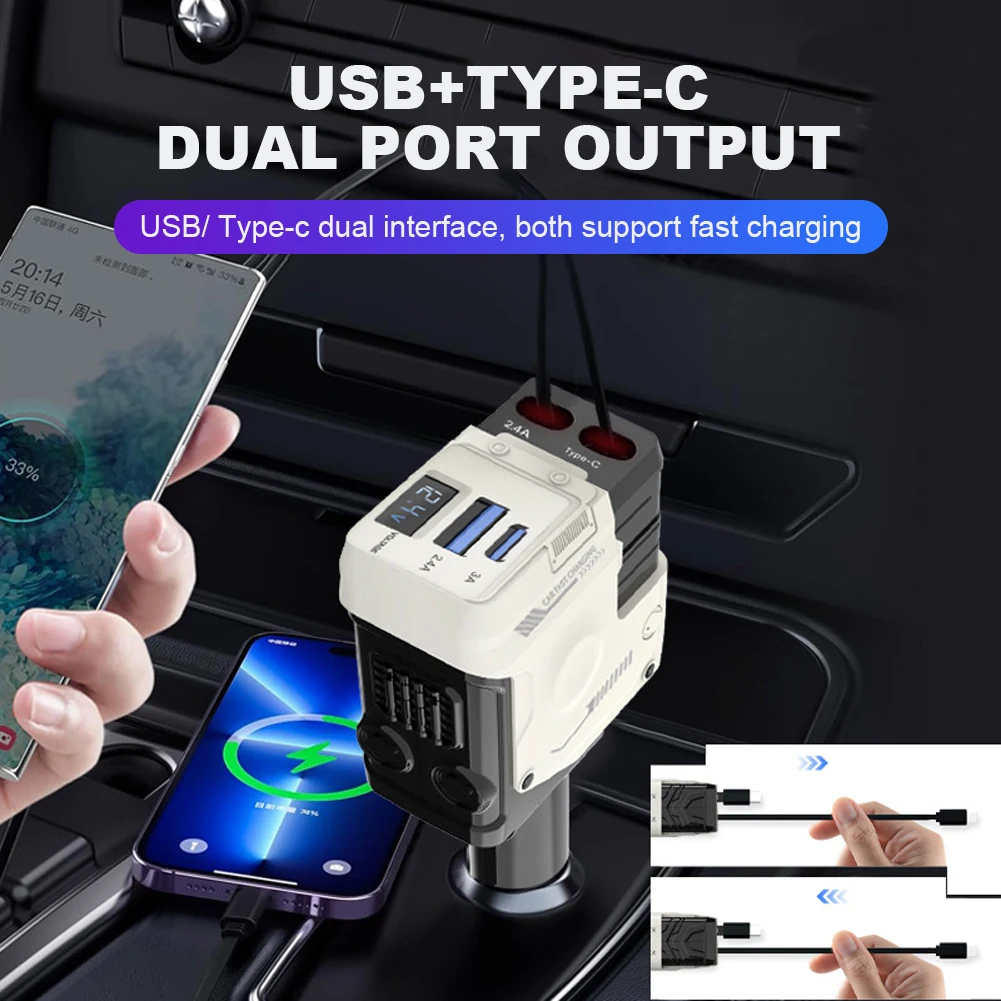 4 in 1 Retractable Car Charger USB C Car Charger Adjustable Angle Fast Charging Adapter Car Adapter for IPhone/Samsung/Huawei
