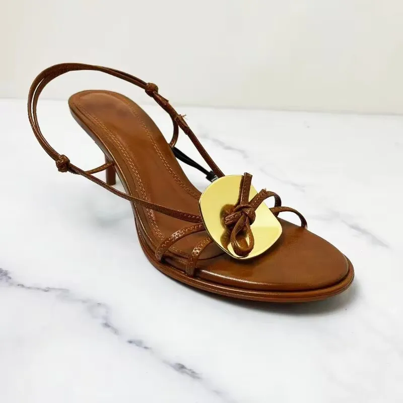 Women Slingback Sandals Women High Heels Shoes Women Dress Shoes TRAF Woman Brown Heel Sandals Chic Metal Disc Heels Sandals Round Toe Peep Toe Slingbacks Female Strap Buckle Heels Shoe