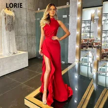 

LORIE Simple Red Prom Dresses 2022 Mermaid High Neck Evening Gown Girl Party Gown Sexy Side Split Princess Robes De Cocktail
