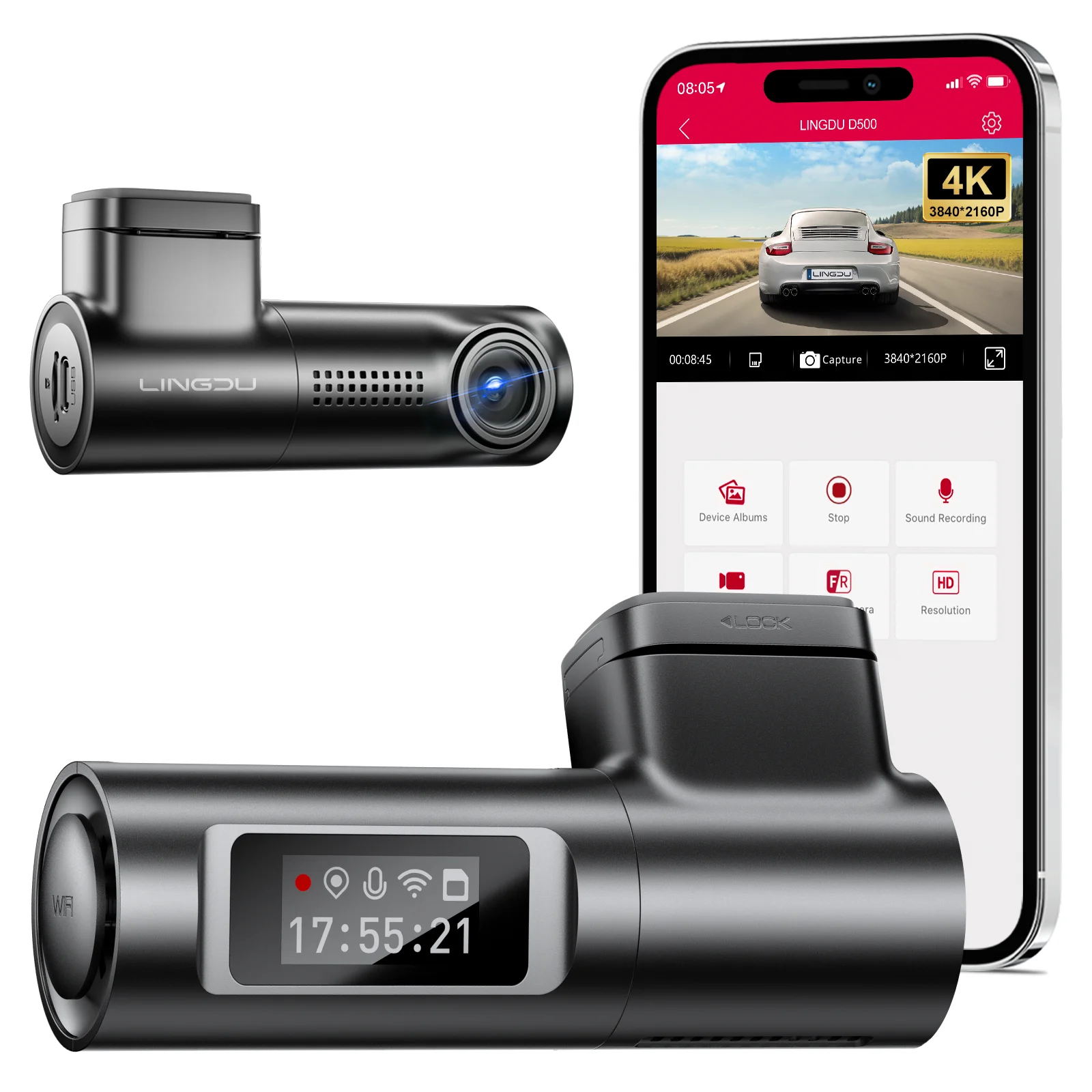 LINGDU D500 4K Dash Cam With 5GHz GPS WI-FI Night Vision HDR 24H Parking Mode Loop Recording G-Sensor 150° Wide Angle