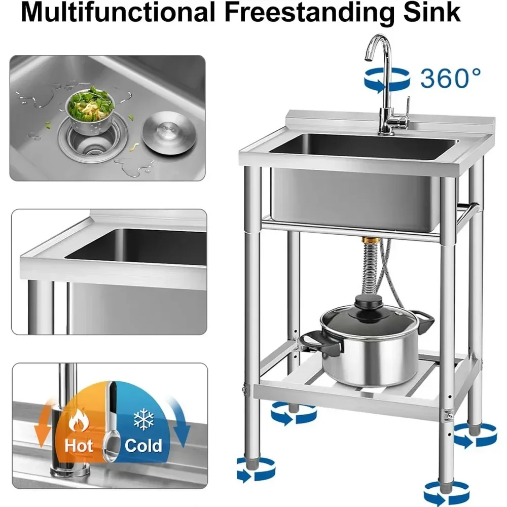 Stainless Steel Utility Sink, Free Standing Single Bowl Kitchen Sink with Cold and Hot Water Pipe for 4