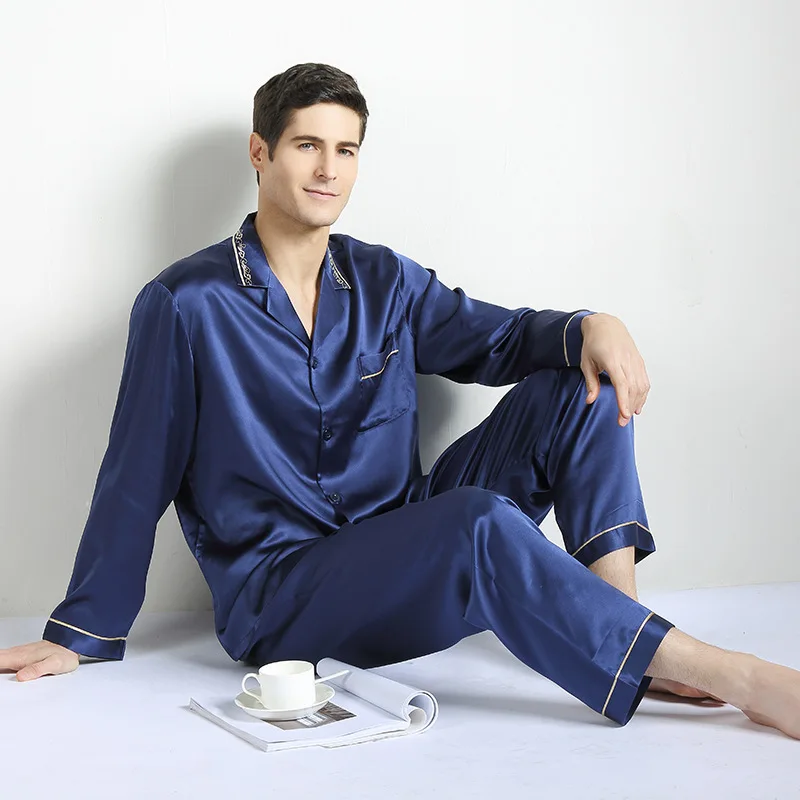 Men Silk Pajamas Set Sleepwear Men's Satin Silky Sleepwear Pajamas Set Button-Down Long Loungewear