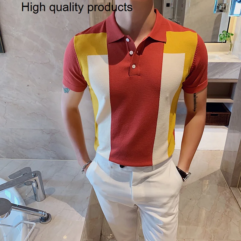 

Мужская трикотажная рубашка-поло, Повседневный пуловер с отворотами на пуговицах и коротким рукавом, приталенная рубашка-поло с винтажным рисунком в стиле пэчворк, лето 2023