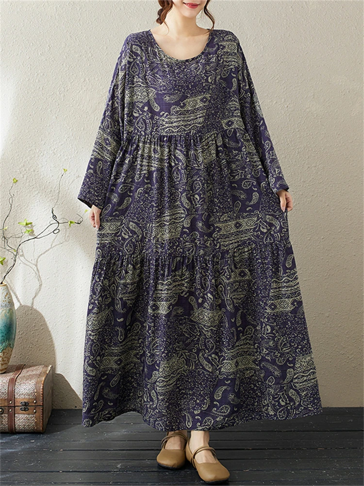 2025 Spring Autumn Cotton Vintage Print Dresses Women Casual Loose Long Sleeve Yellow Dress Femme Robe Vestidos Fashion Clothing