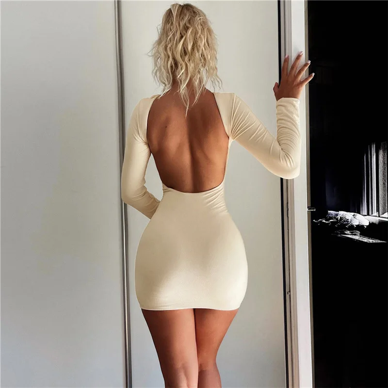 

INSStyle Autumn and Winter New Women's Fashion Long-Sleeved Sexy Backless Slim-Fit Solid Color Sheath DressCok