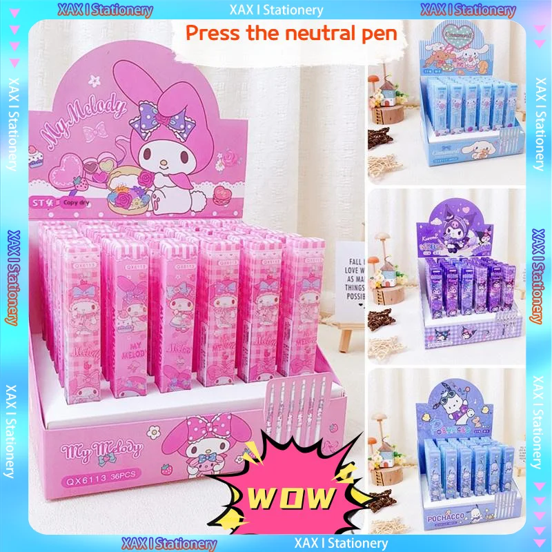 

New Sanrio 36pcs Cartoon Gel Pen Cute Kuromi Melody Pochacco Student Press Pens 0.5 Black Children Learning Stationery Reward