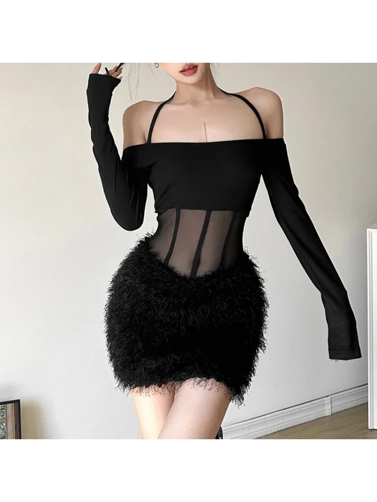 

2024 New Vintage Sweet Gentle Black Sexy Solid Color Slim-fit Dress Y2K Retro Women's Neck Hanging Backless Women Hip Dresses
