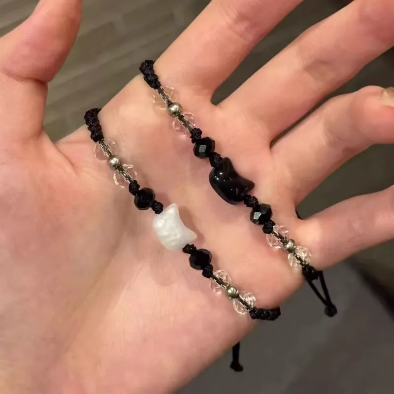 2pcs Cute Cat Beaded Couple Bracelet Hand Woven Adjustable Bangles Friendship Jewelry for Men Women Anniversary Gift Accessories
