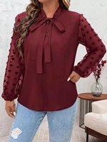 Plus Size Spring Autumn Women Elegant Bow Tie Neck Shirt Office Lady Fashion Solid Curve Clothing Casual Long Sleeve Tops - Image 4