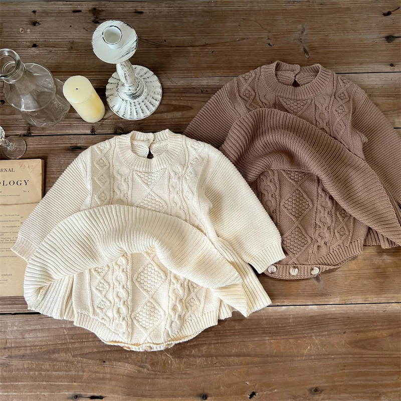 

Toddler Baby Girl Knitted Romper Dress Autumn Winter Solid Vintage Twist Bodysuit for Infant Cotton Kids Clothes Girls 0-3 Years