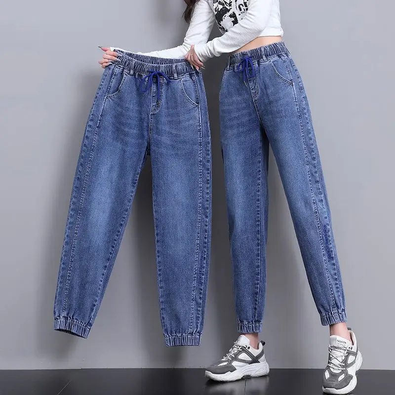 

Trendy Women's Jeans for Spring and Autumn, Elastic Waist Straight Ankle Tied Pants with Slimming Effect Baggy Cargo Pants Women