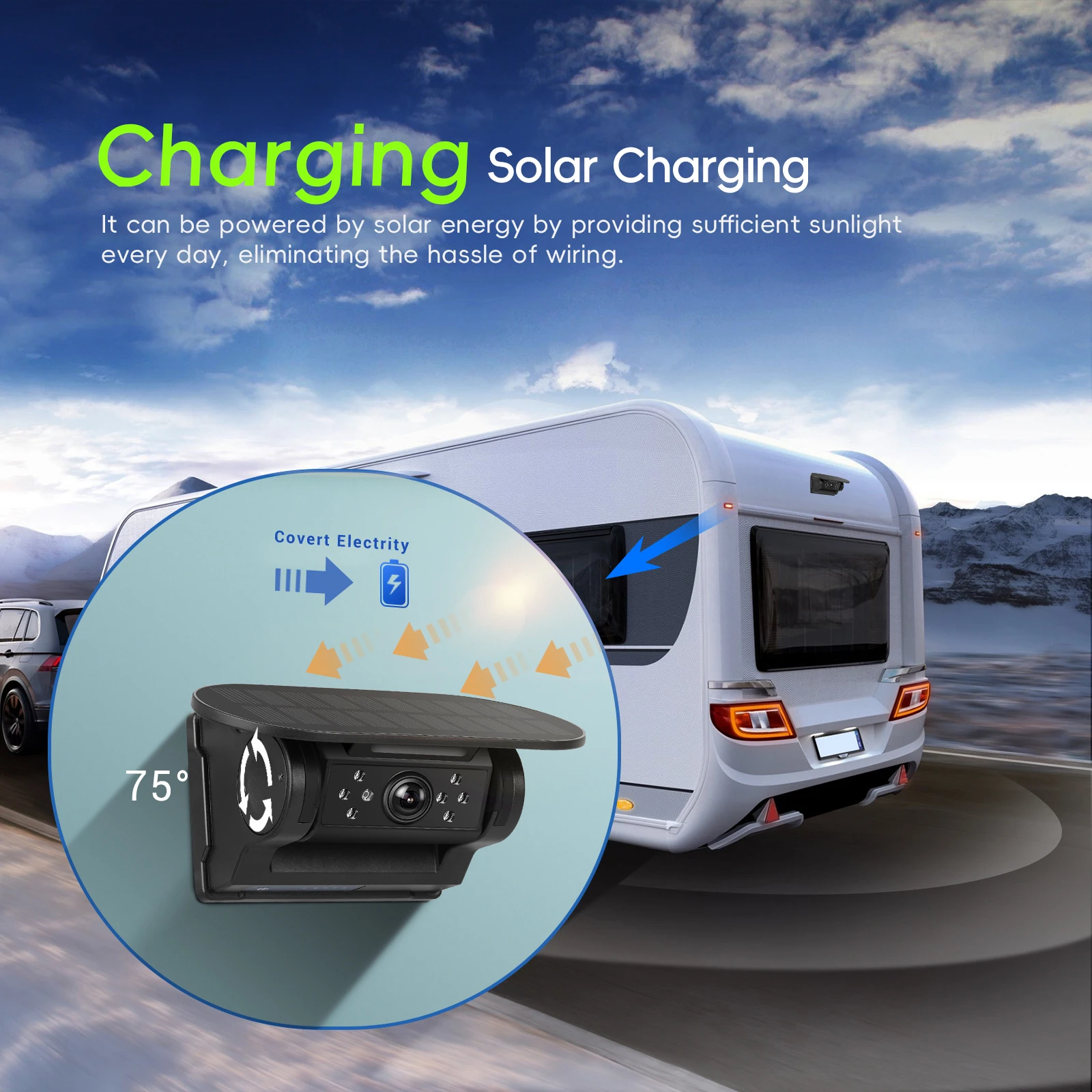 Solar panel surface of the car camera collecting light