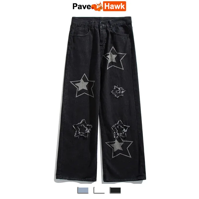 

Men's Straight Jeans High Street Hip-hop Loose Wide-leg Pants Men Retro PATCH Jeans Unisex 2023 Star Patch Wash Trousers Spring