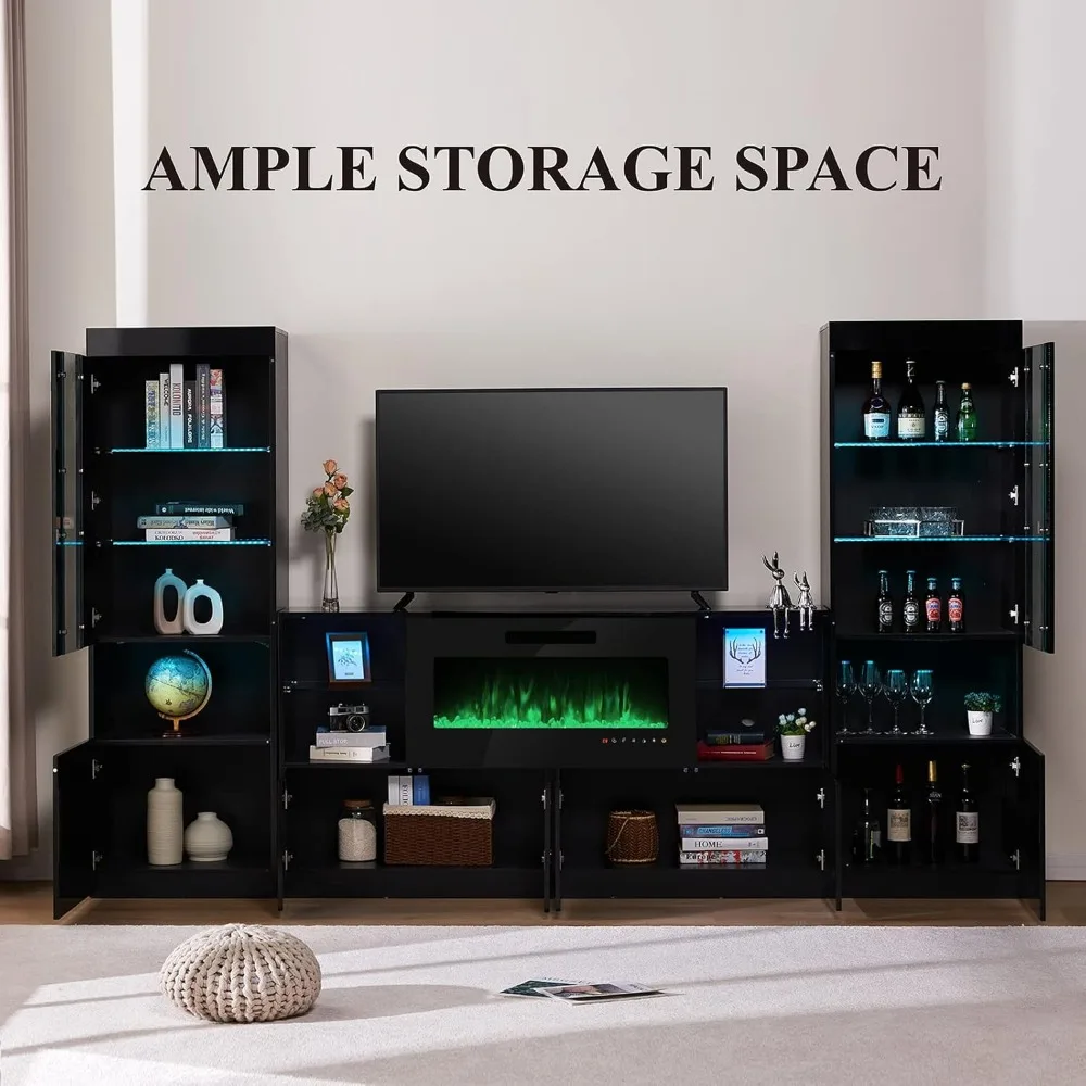 3 Piece Modern High Gloss Fireplace TV Stand + Bookcase Set for Living Room Includes 68" TV Stand with 40" Fireplace 6