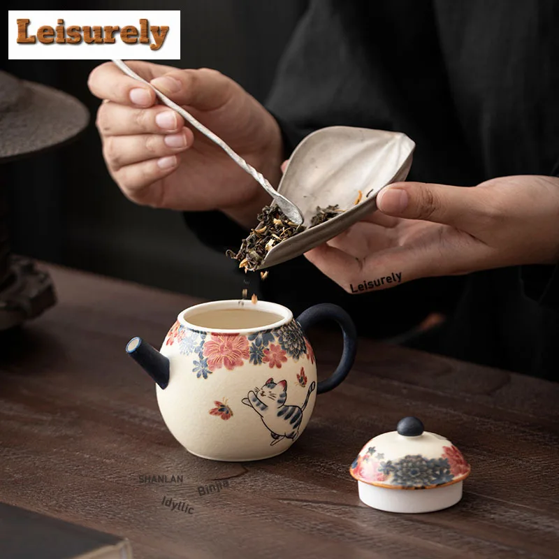 180ML Hand Painted Cat Scent Dragon Egg Teapot Retro Tea Infuser Pot Tea Soaking Kettle With Filter Teaware Supplies Collection