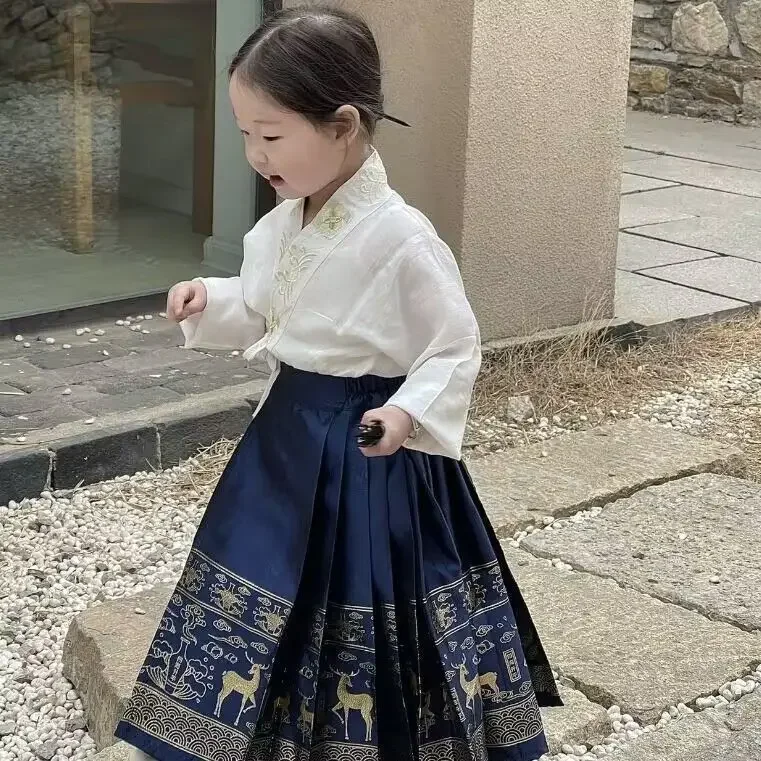 여아용 INESE 스타일 어린이 한푸 세트, 자수, 말 얼굴 치마, 레트로 세트,  한푸 공연 원피스