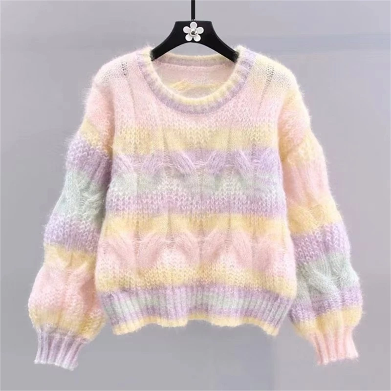 Cable Knit Colourful Jumper Womens Womens Harajuku Pink Rainbow