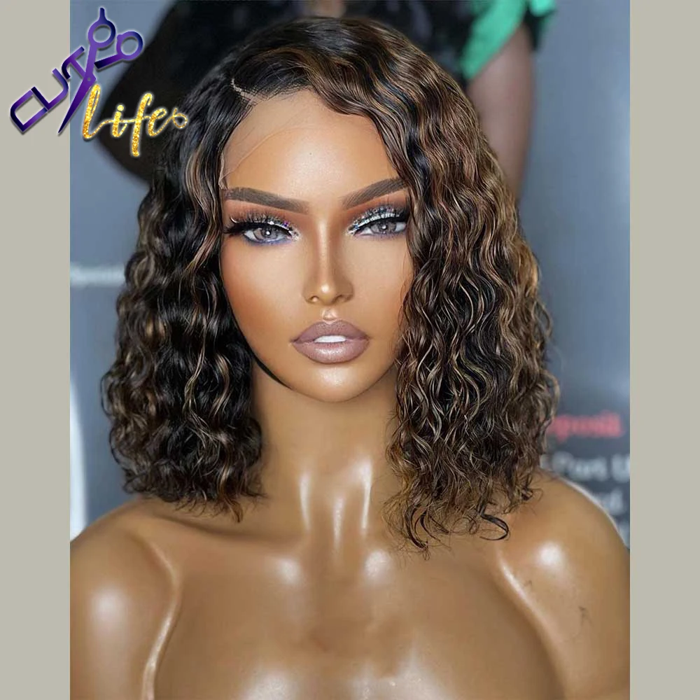 13X4 Lace Front Curly Bob Wig Brown Human Hair Short Wigs Pixie Ombre Invisible Ombre For Women Brazilian Remy Hair Side Part