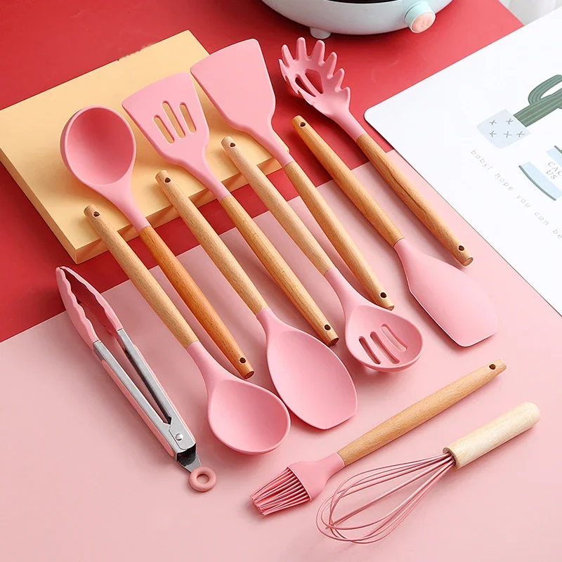 12Pcs Silicone Cooking Sets Spatula Shovel Soup Spoon Tongs Turner Cookware Wooden Handle Heat-Resistant Baking Utensils Set